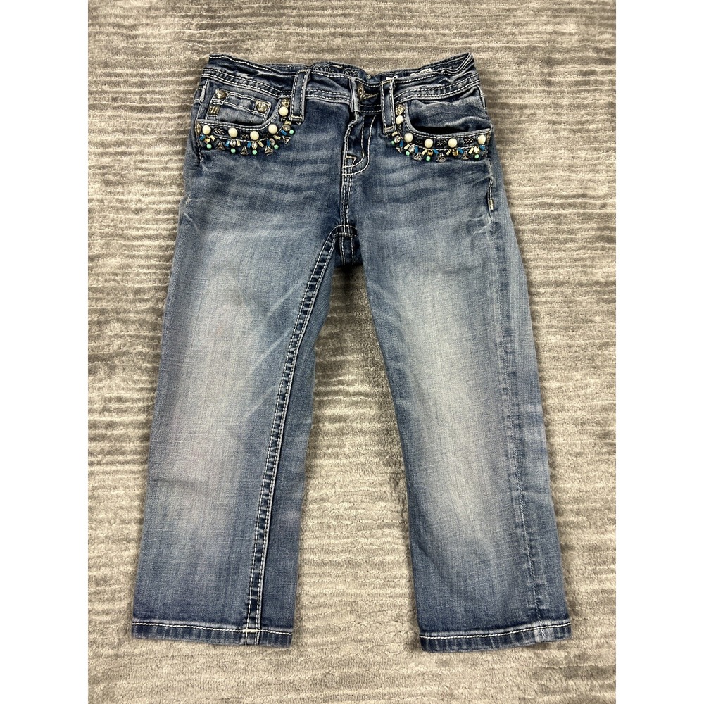 Miss Me Jeans Girls14 Blue‎ Mid Pocket Embroidered Bling Studed Cuffed Capri